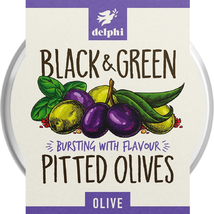 Delphi Black Green Pitted Olives 160g