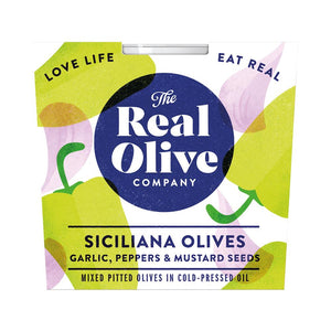 THE REAL OLIVE COMPANY Garlic Peppers & Mustard Seed Pitted Olives 160g - Kindly of Brighton