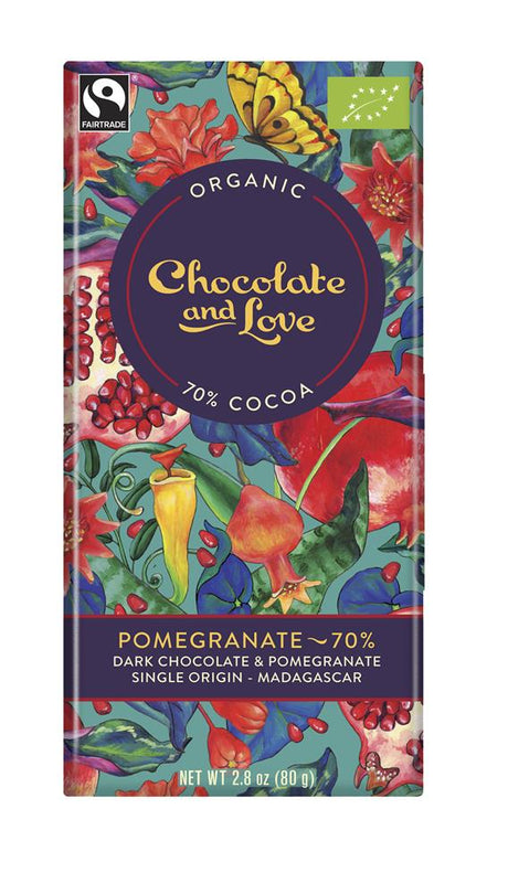 Chocolate and Love Organic/Fairtrade dark chocolate with pomegranate 70% 80g - Kindly of Brighton