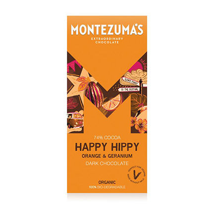 montezuma's happy hippy vegan organic dark chocolate with geranium 90g