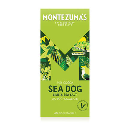 montezuma's sea dog vegan dark chocolate with lime & sea salt 90g